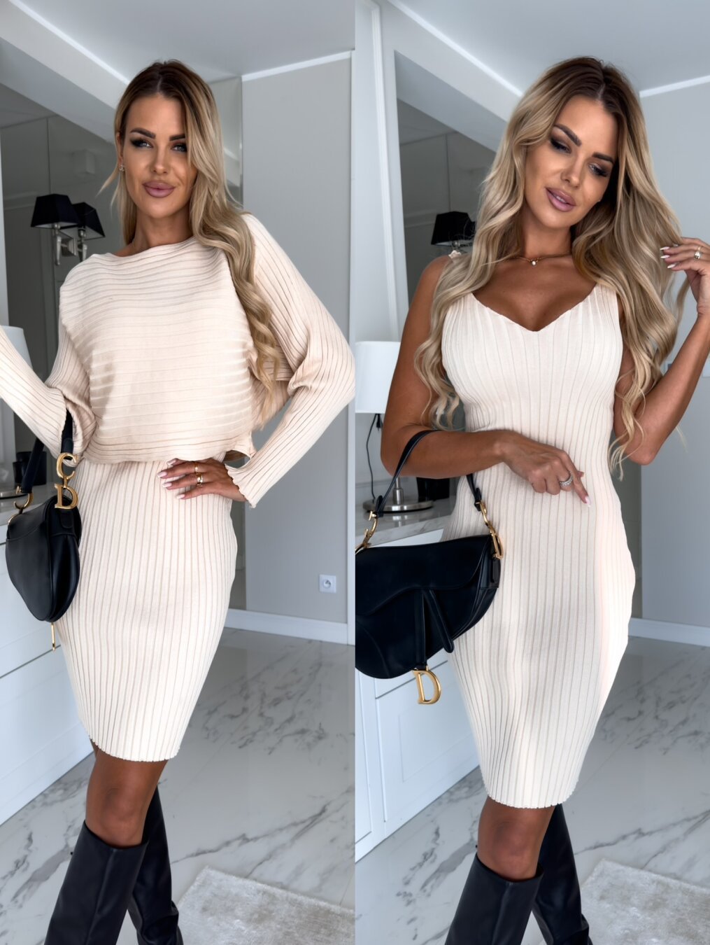 Chic Striped Set: Women's Long-sleeved Top and Suspender Skirt