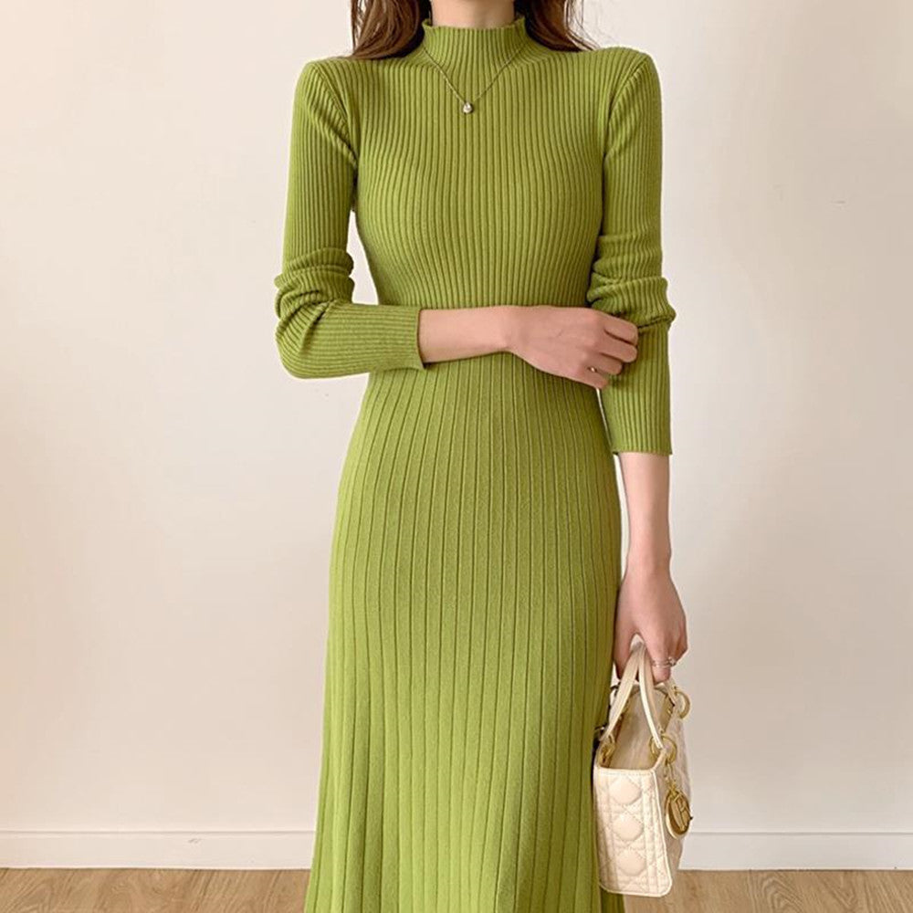 Mid-length Knee-length Jumper Skirt With Half Turtleneck Underlay