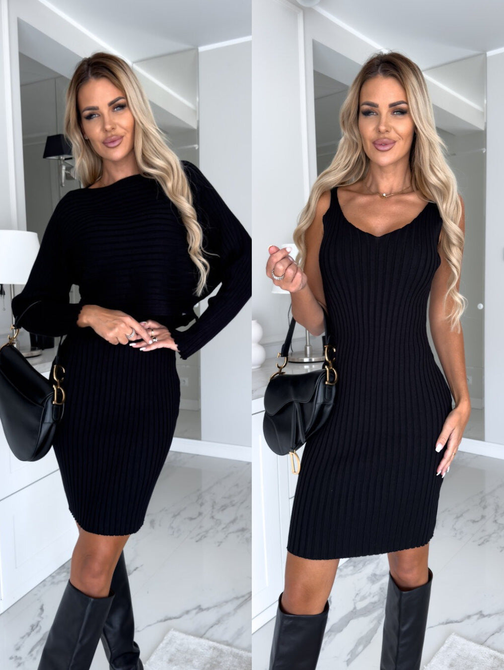 Chic Striped Set: Women's Long-sleeved Top and Suspender Skirt
