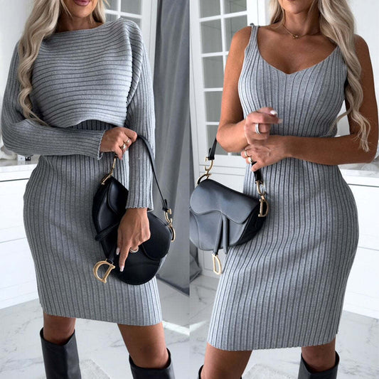 Chic Striped Set: Women's Long-sleeved Top and Suspender Skirt